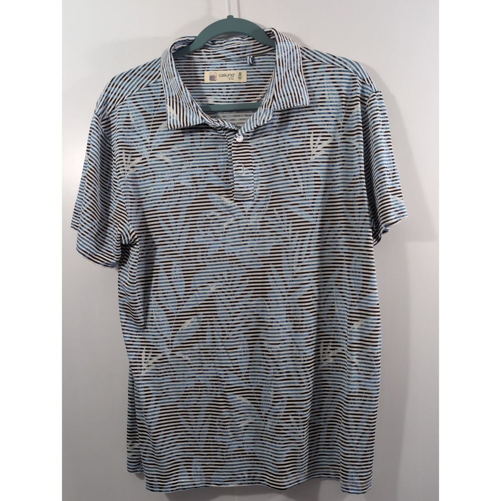 Laguna Swim Polo Shirt Mens Medium Blue Tropical Palm Leaf Horizontal Stripe UPF